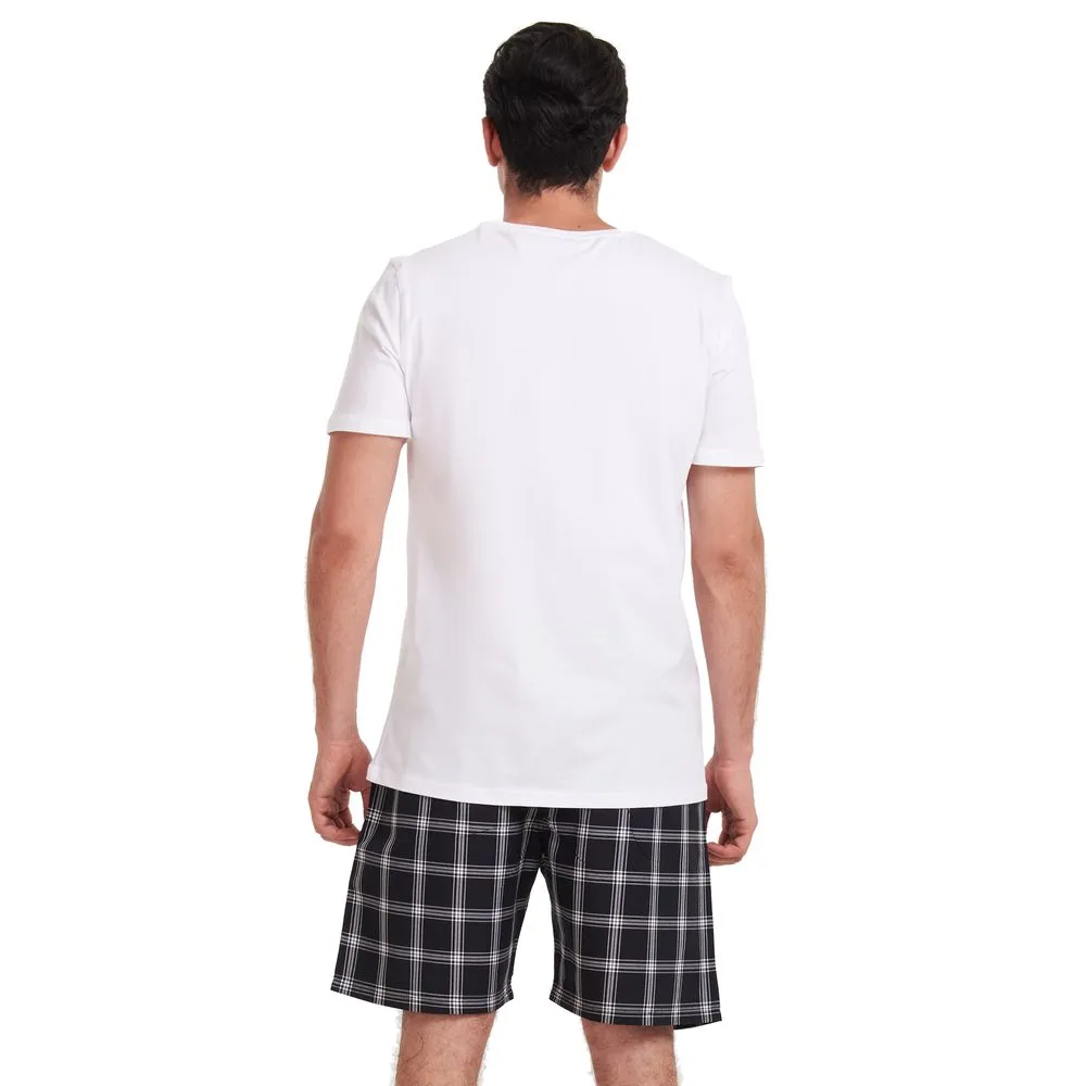 Men summer pajama set White t-shirt   Black x Grey checkered shorts