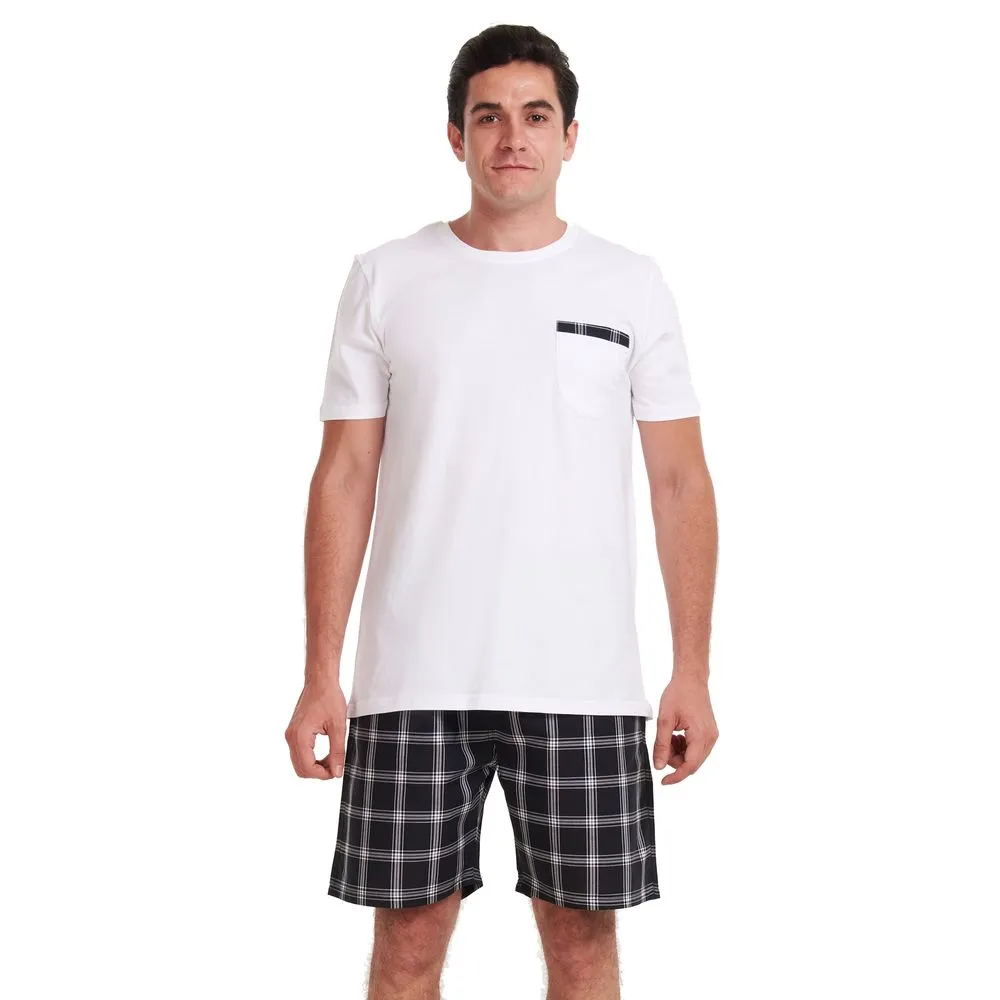 Men summer pajama set White t-shirt   Black x Grey checkered shorts