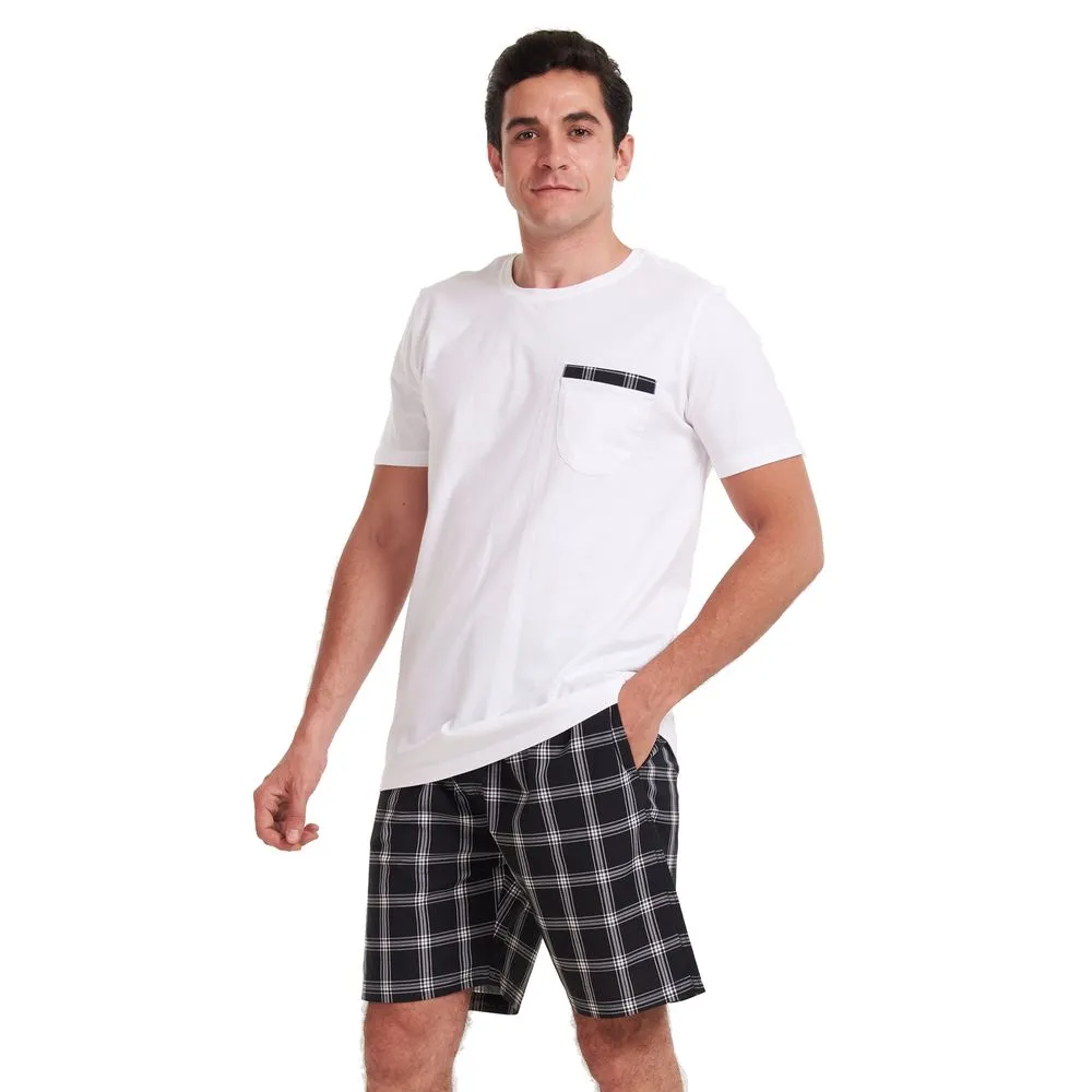 Men summer pajama set White t-shirt   Black x Grey checkered shorts