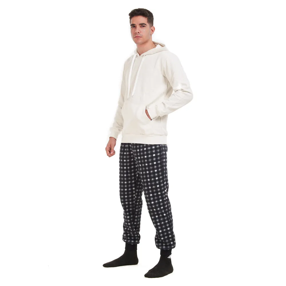 Men Winter Pajama Set Off-White Sweatshirt  black x Light Grey Pants