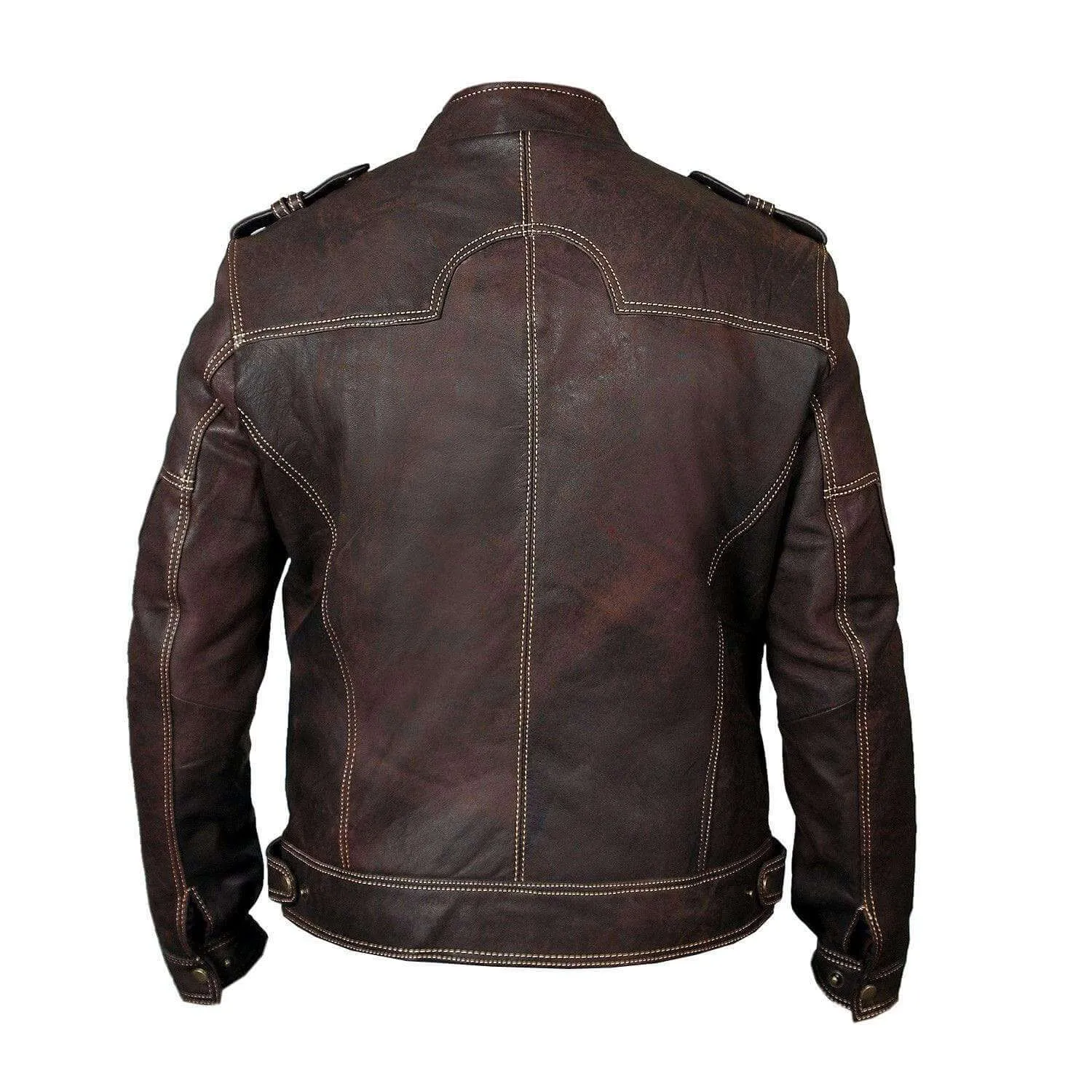 Men's Biker Vintage Motorcycle Distressed Brown Cafe Racer Leather Zipper Jacket