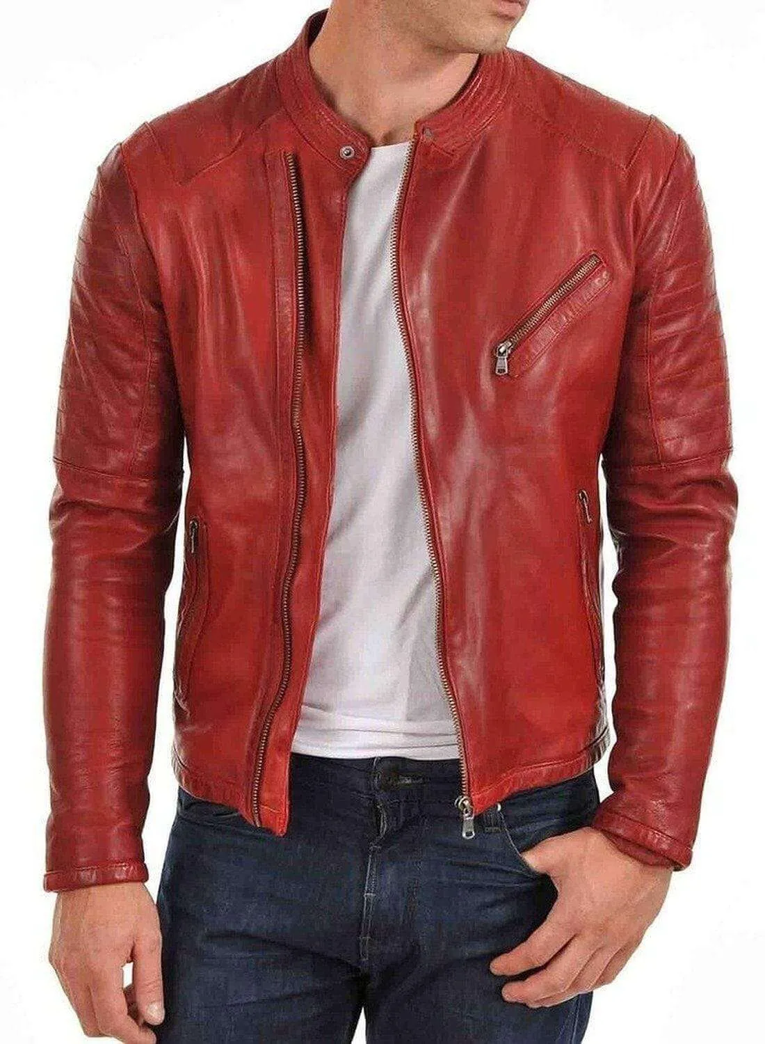 Men's Genuine Lambskin Leather Jacket Red Slim fit Motorcycle jacket