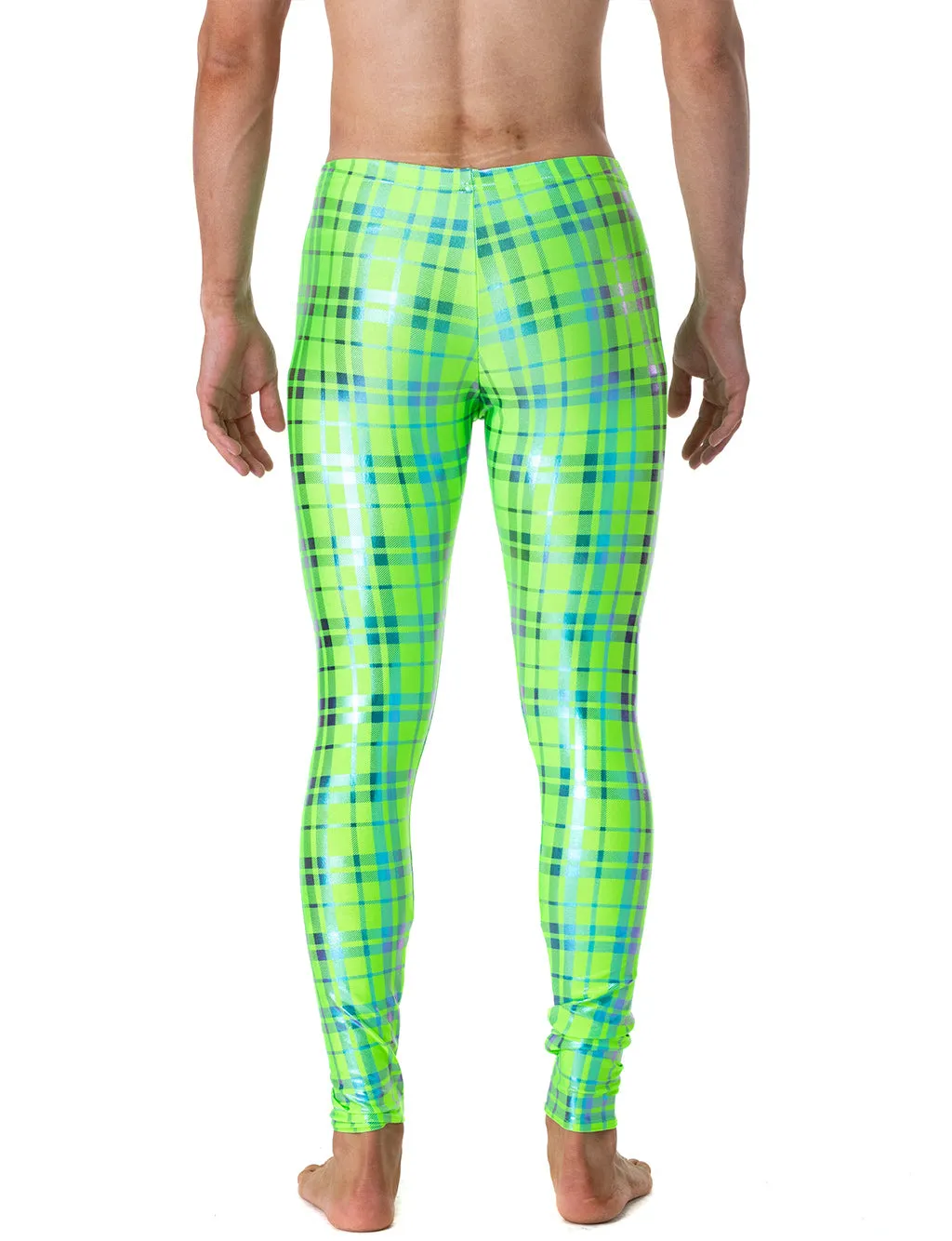 MENS LEGGINGS - HOLOGRAPHIC GREEN & BLUE PLAID