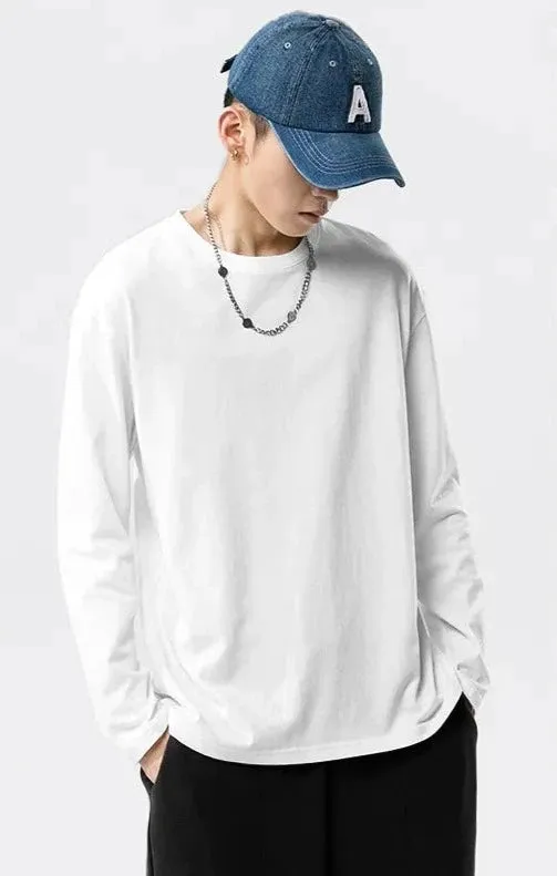 Men's Solid Color Loose Fit Round Neck Long Sleeved Top