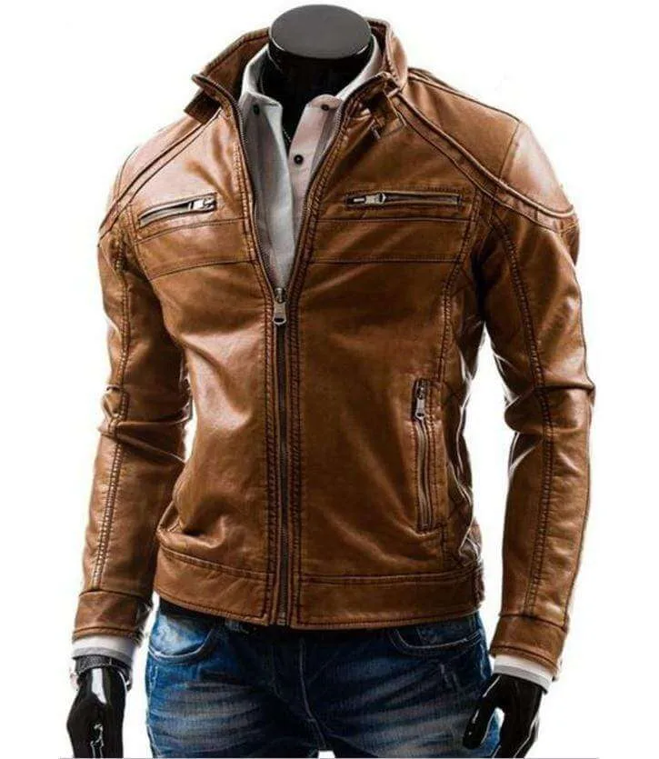 Men’s Tan Leather Bomber Biker Fashion Jacket