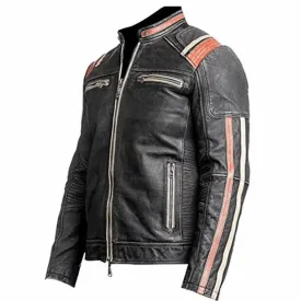 Men's Vintage Motorcycle Cafe Racer Distressed Black Leather Jacket