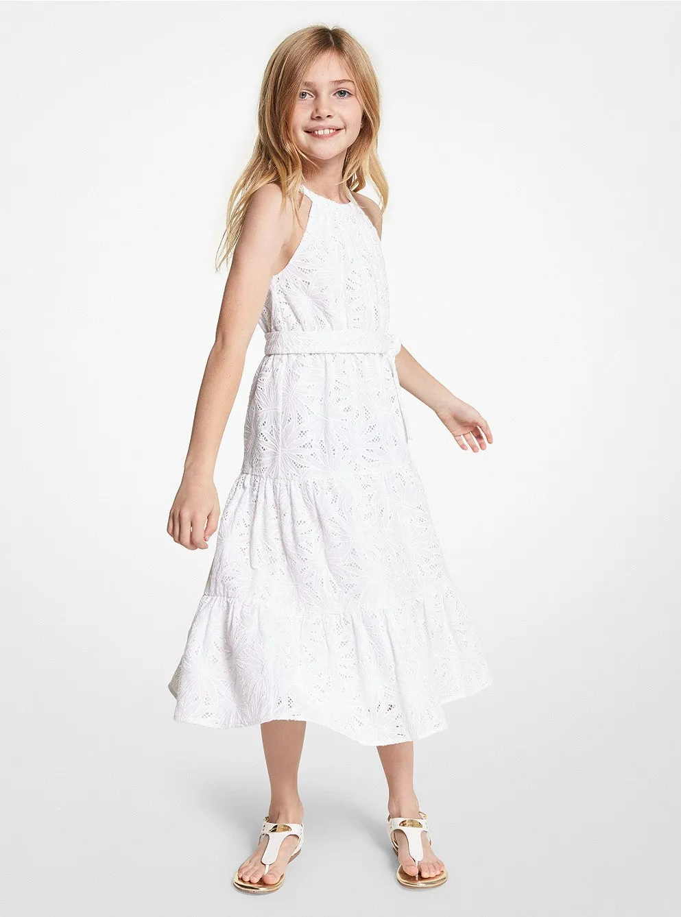 Michael Kors Kids Floral Lace Belted Dress, white