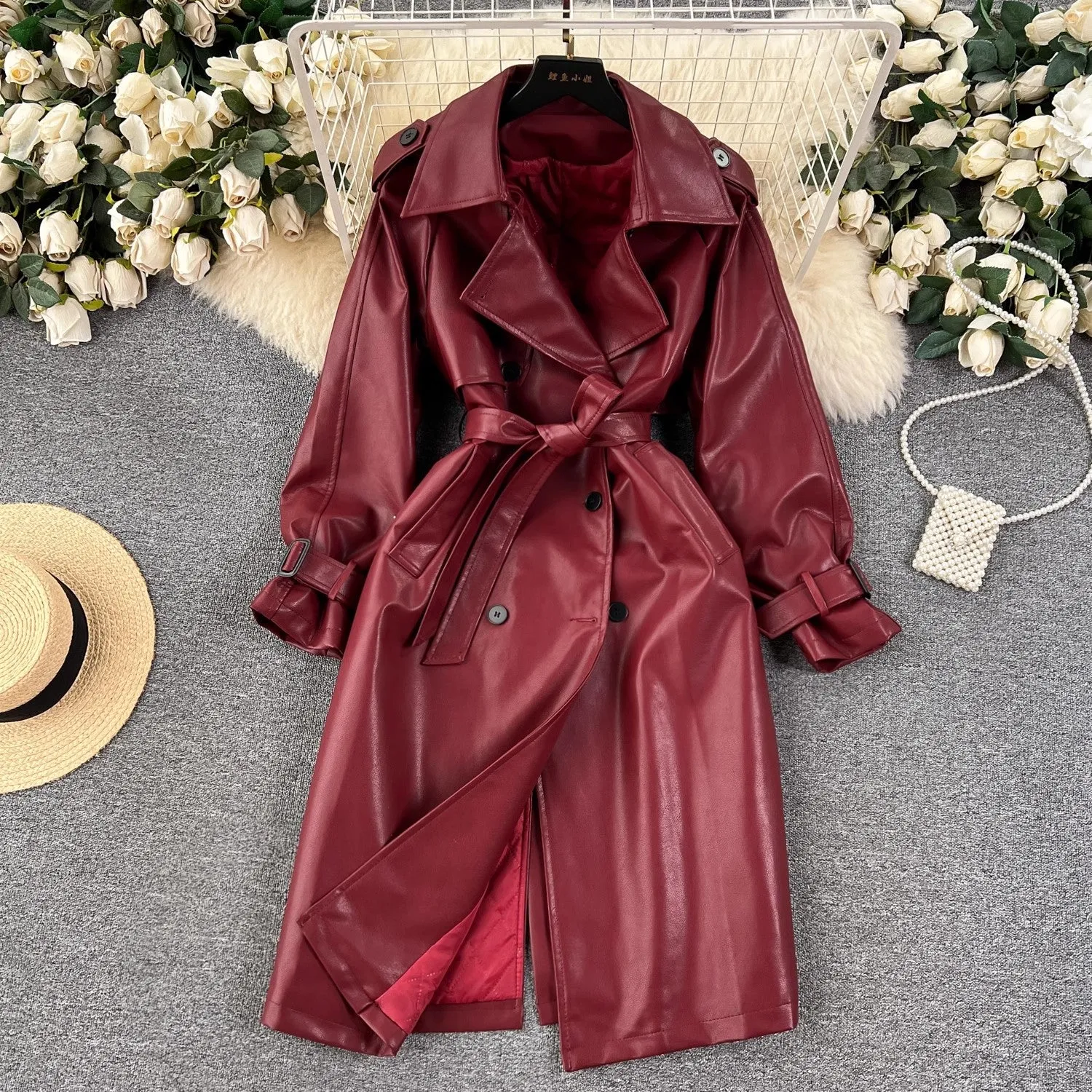 mid-length leather jacket for women coat trend     S4639