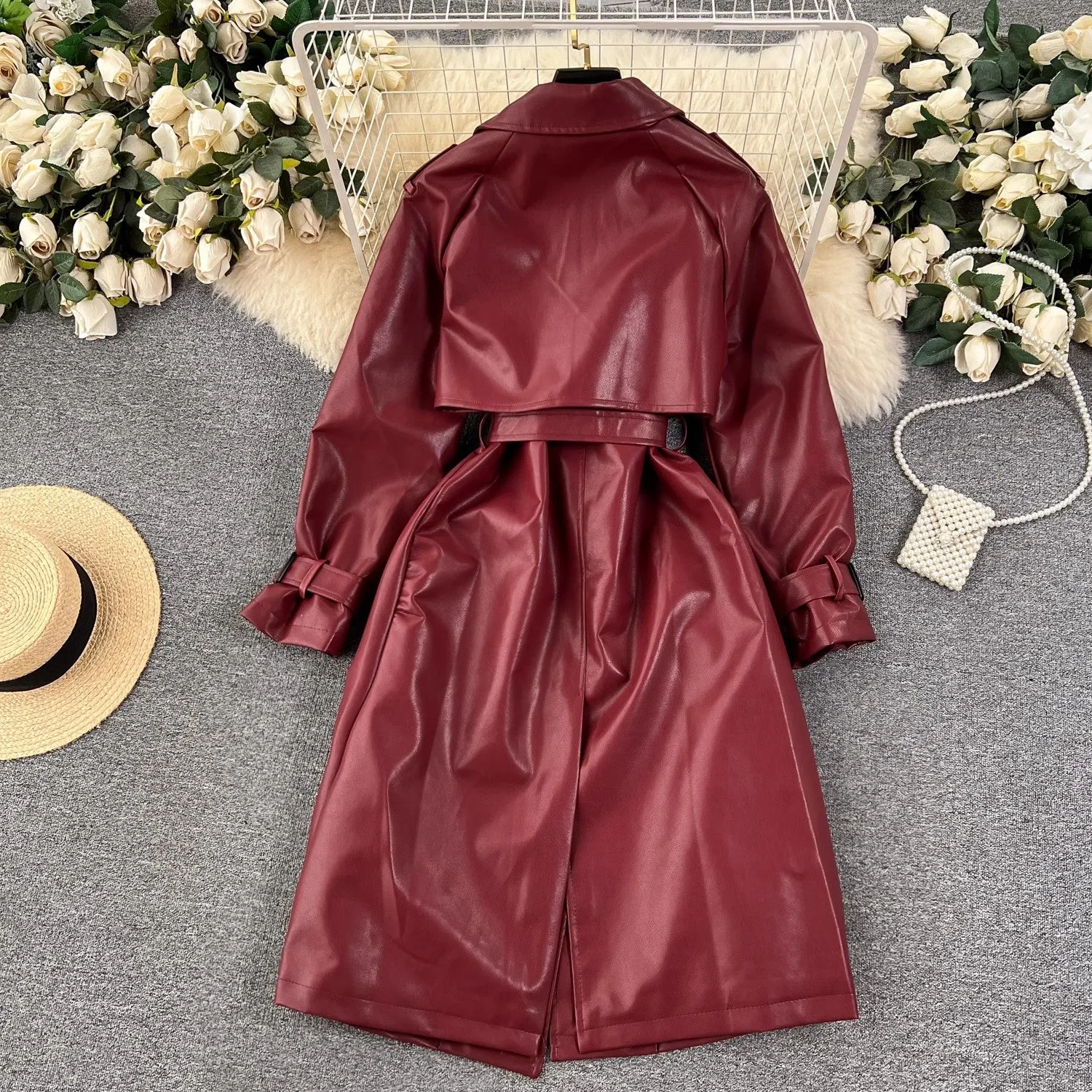 mid-length leather jacket for women coat trend     S4639