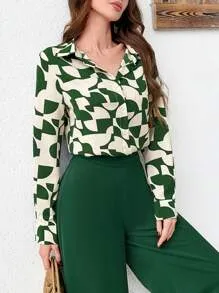 Modely Women's  Print Button Front Shirt With Gradient Wide Leg Pants Sets