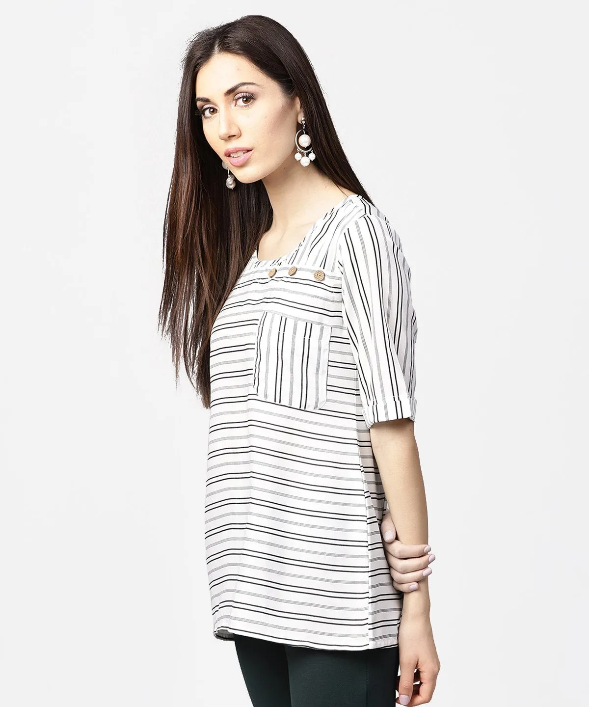 Off White Striped Half Sleeve Crepe Top