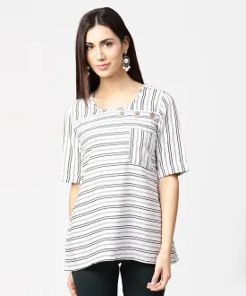 Off White Striped Half Sleeve Crepe Top