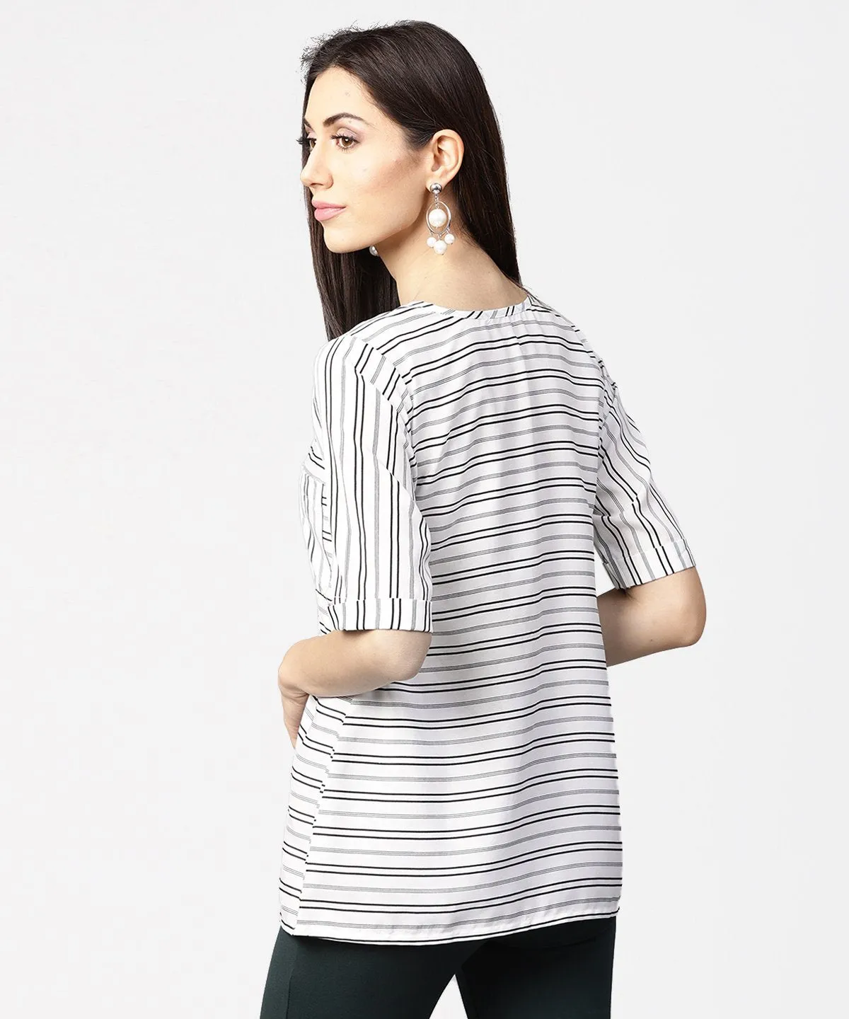 Off White Striped Half Sleeve Crepe Top