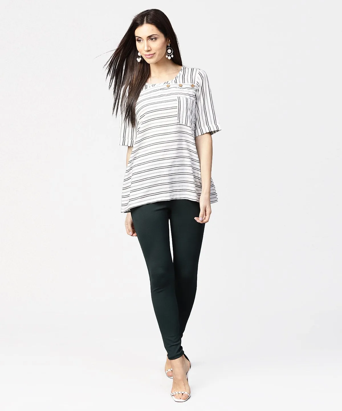 Off White Striped Half Sleeve Crepe Top