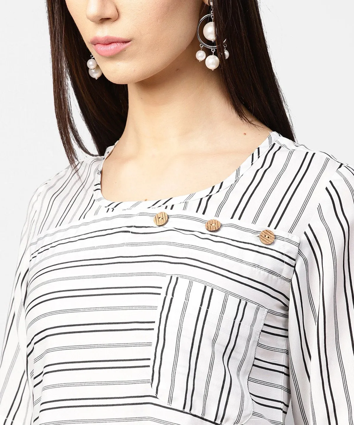 Off White Striped Half Sleeve Crepe Top