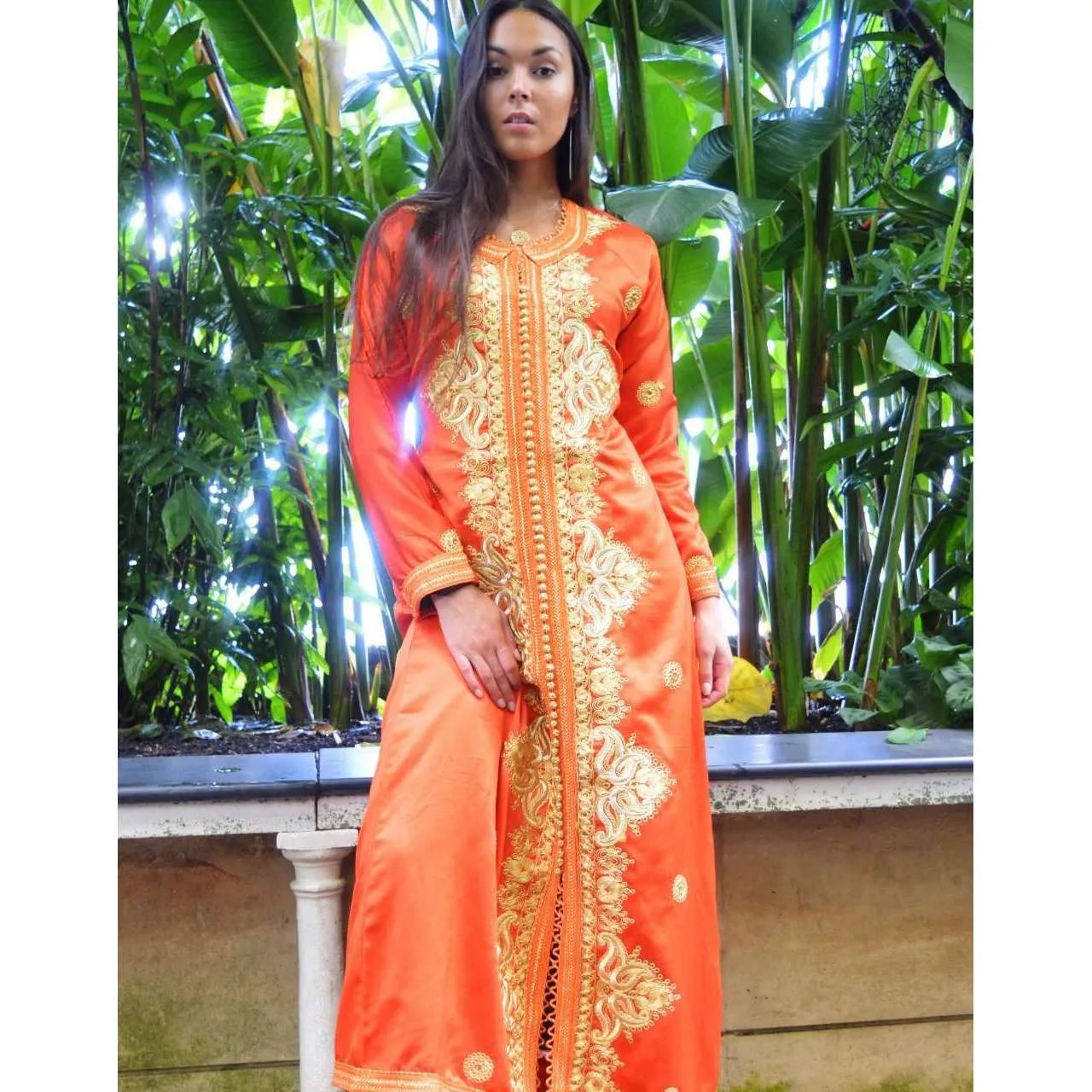 Orange Floral Moroccan Takchita Party Kaftan-Flora Style