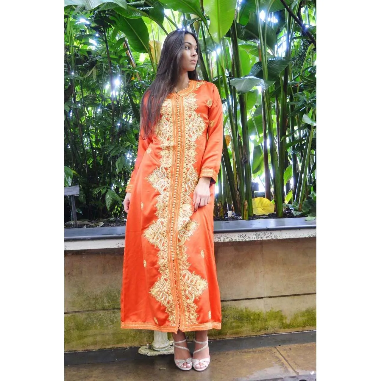 Orange Floral Moroccan Takchita Party Kaftan-Flora Style