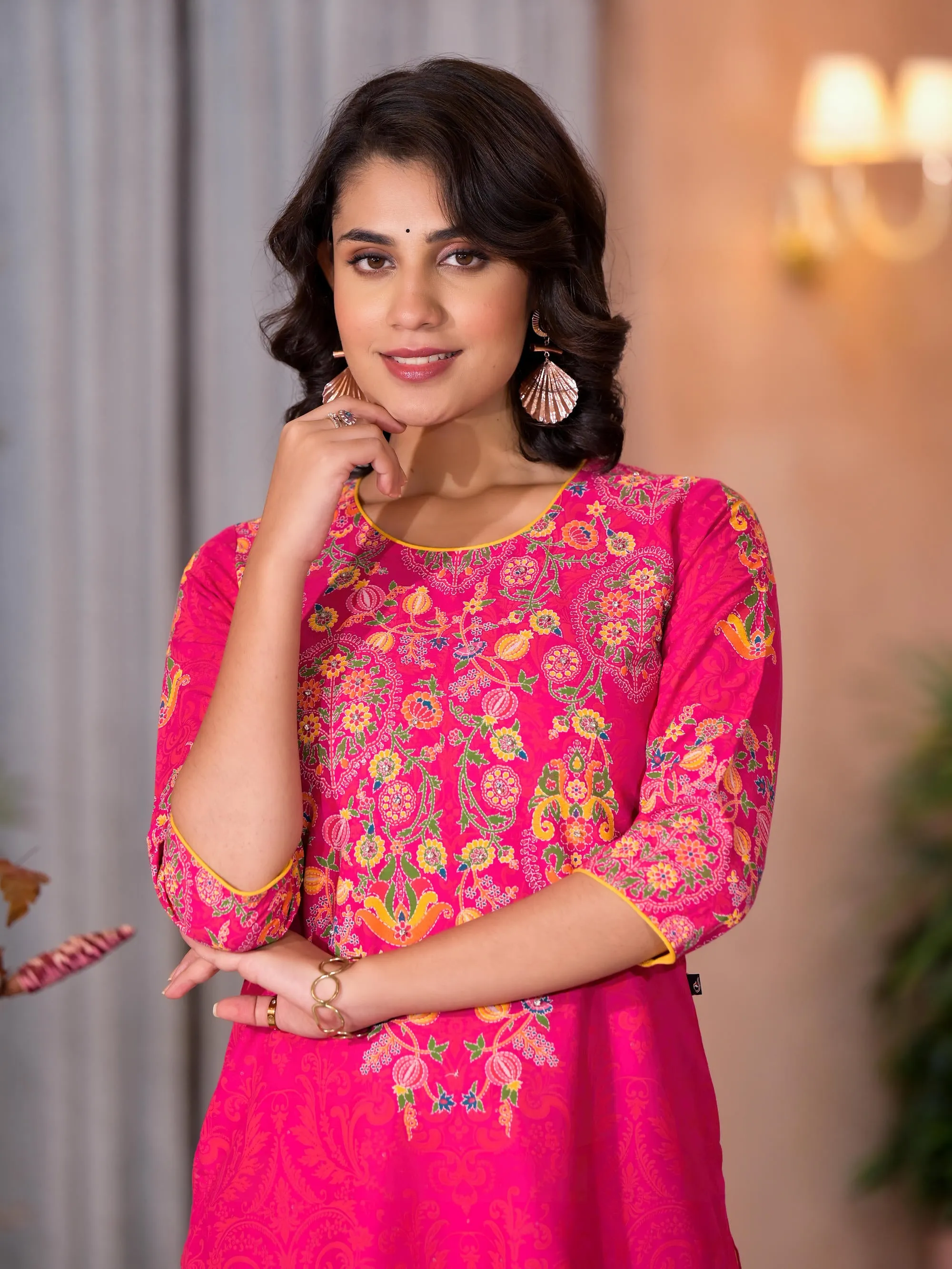 Pink Thread Embroidered Liva Rayon Kurta Pant And Dupatta Set With Sequins Beads & Lace