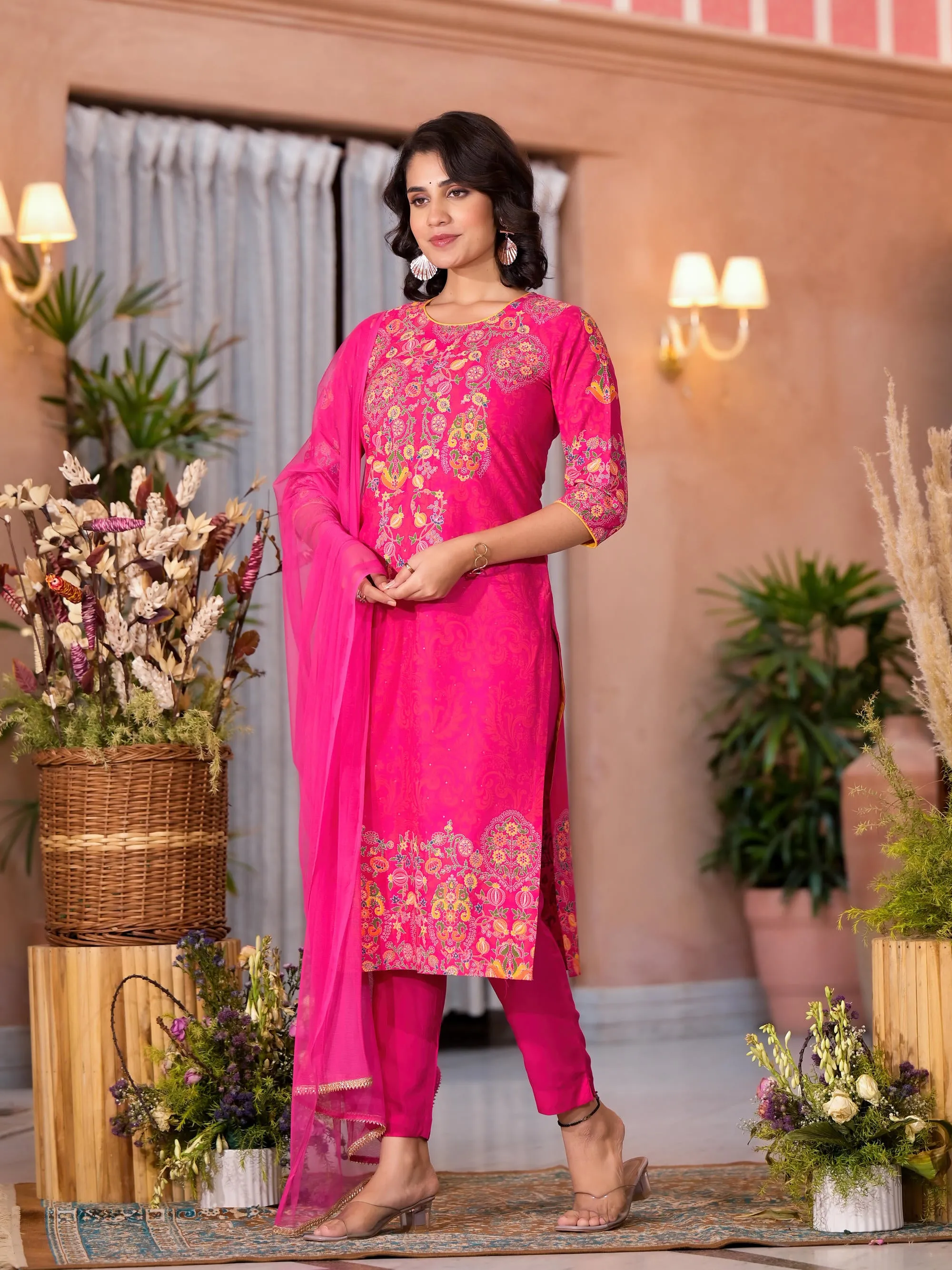 Pink Thread Embroidered Liva Rayon Kurta Pant And Dupatta Set With Sequins Beads & Lace