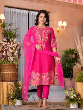 Pink Thread Embroidered Liva Rayon Kurta Pant And Dupatta Set With Sequins Beads & Lace