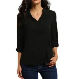 Plus Size - New Summer Fashion Women Casual V-neck Long Sleeve Blouse Casual Womens Loose Tops Blouses Clothing (8-22W)