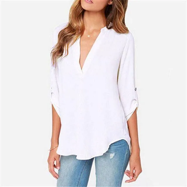 Plus Size - New Summer Fashion Women Casual V-neck Long Sleeve Blouse Casual Womens Loose Tops Blouses Clothing (8-22W)