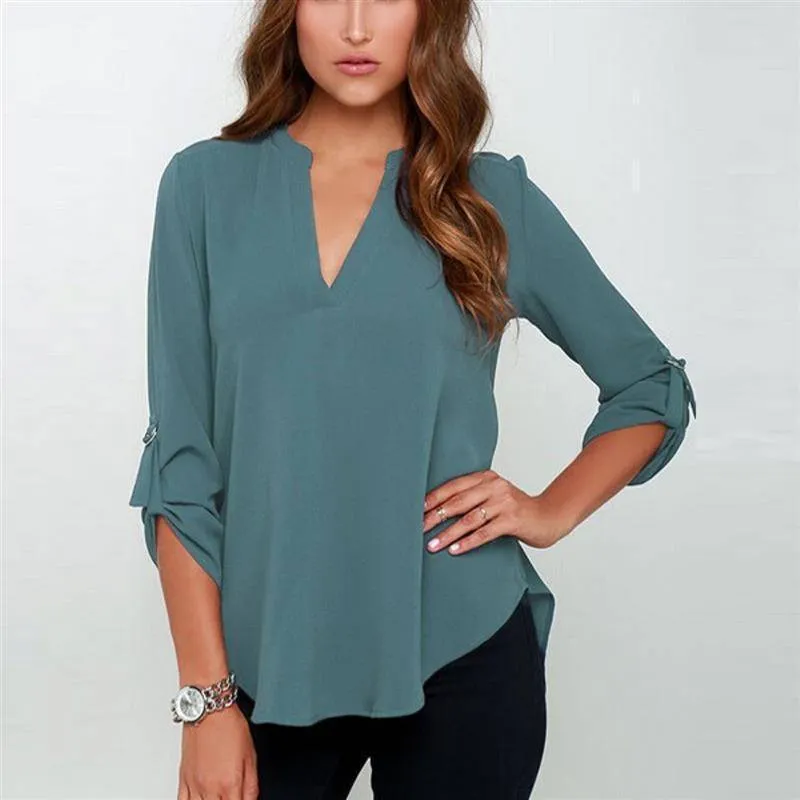 Plus Size - New Summer Fashion Women Casual V-neck Long Sleeve Blouse Casual Womens Loose Tops Blouses Clothing (8-22W)