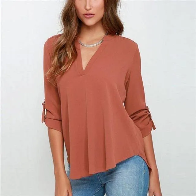 Plus Size - New Summer Fashion Women Casual V-neck Long Sleeve Blouse Casual Womens Loose Tops Blouses Clothing (8-22W)