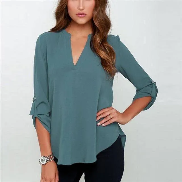 Plus Size - New Summer Fashion Women Casual V-neck Long Sleeve Blouse Casual Womens Loose Tops Blouses Clothing (8-22W)