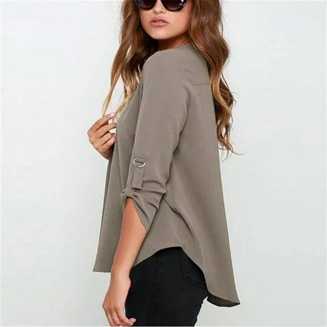 Plus Size - New Summer Fashion Women Casual V-neck Long Sleeve Blouse Casual Womens Loose Tops Blouses Clothing (8-22W)