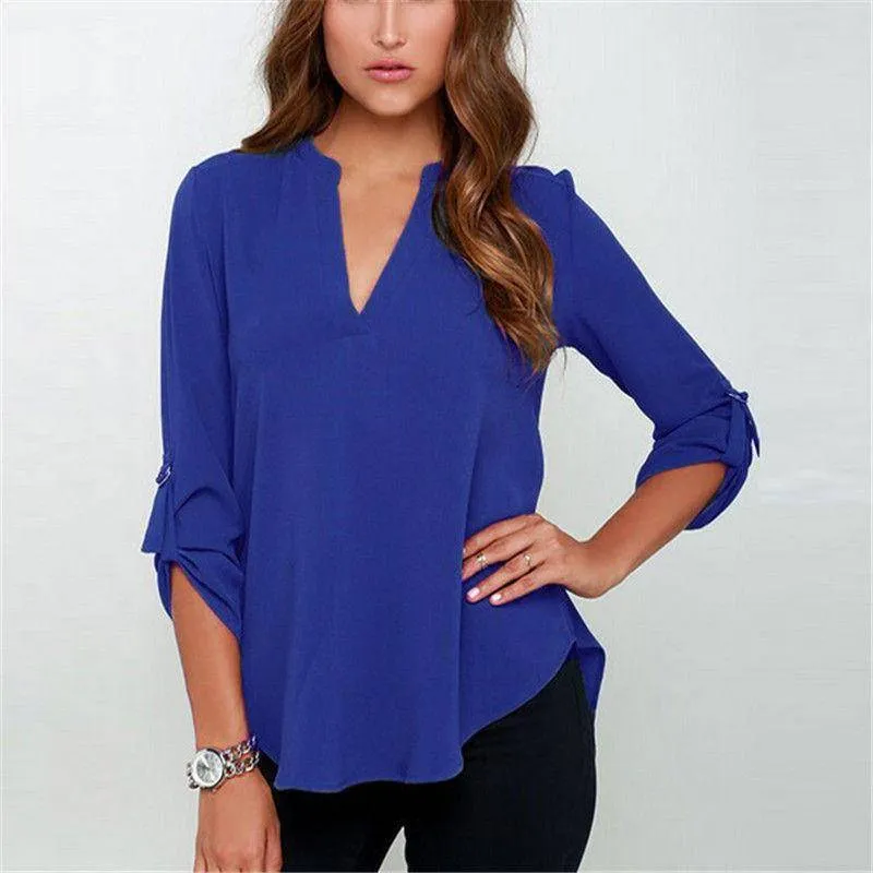 Plus Size - New Summer Fashion Women Casual V-neck Long Sleeve Blouse Casual Womens Loose Tops Blouses Clothing (8-22W)