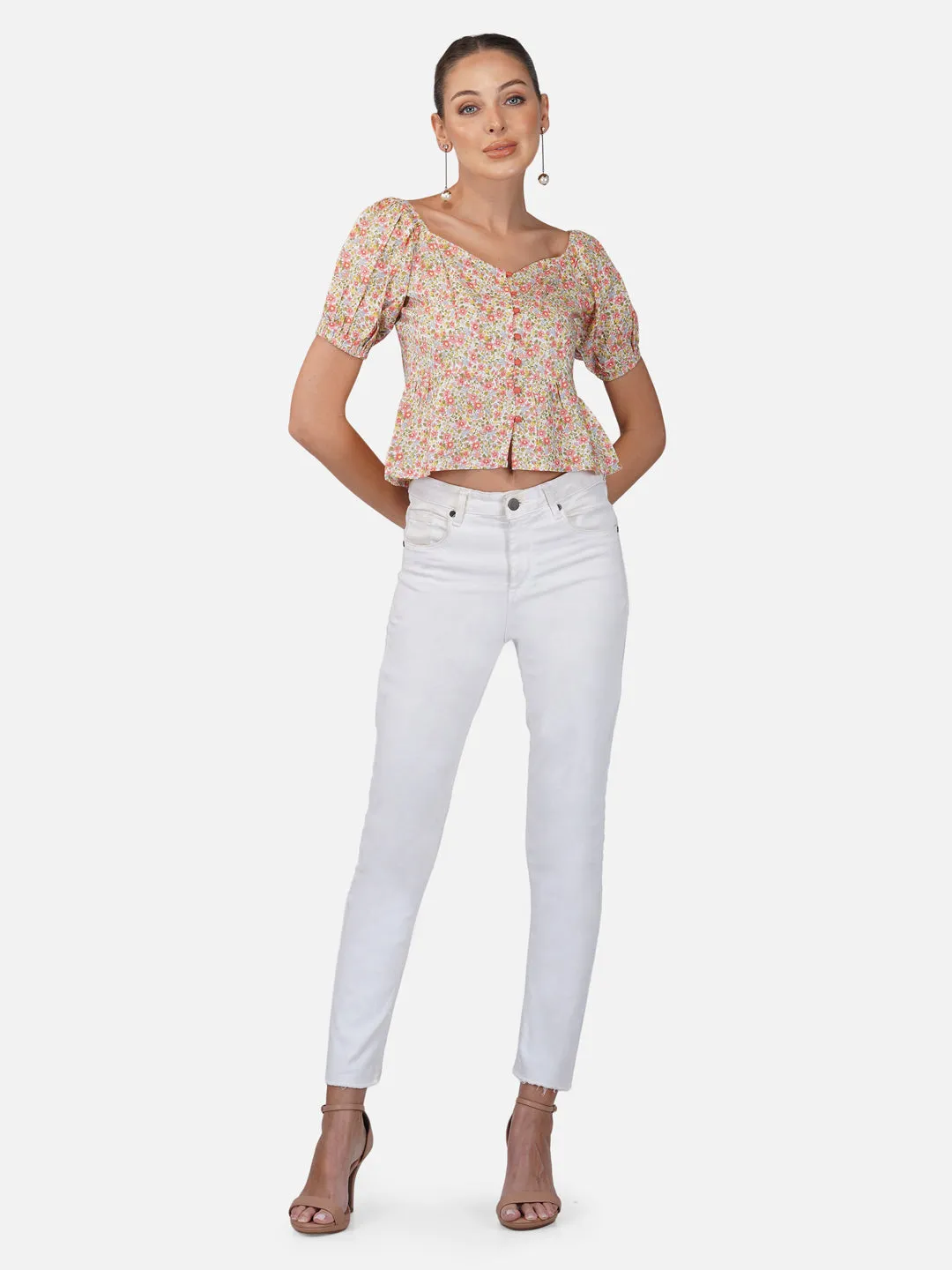 Porsorte Womens Rayon Floral Printed Offwhite  Button Shirt Top