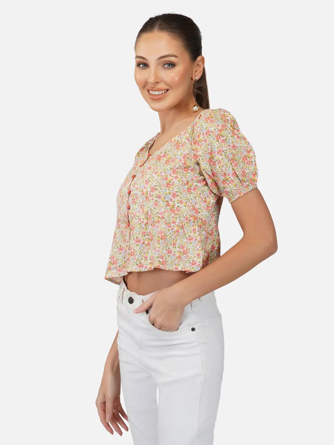 Porsorte Womens Rayon Floral Printed Offwhite  Button Shirt Top