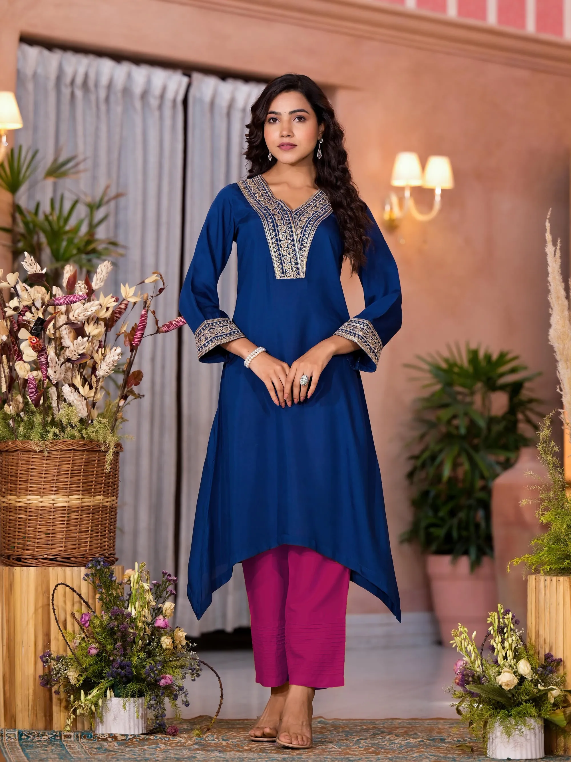 Royal Blue Zari Embroidered Viscose Kurta & Pant Set With Sequins