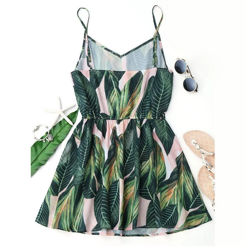 Sexy Beach Dress Women Mini Summer Dress Leaf Print Sleeveless V Neck Spaghetti Strap Elastic Waist Dress (US 4-12)