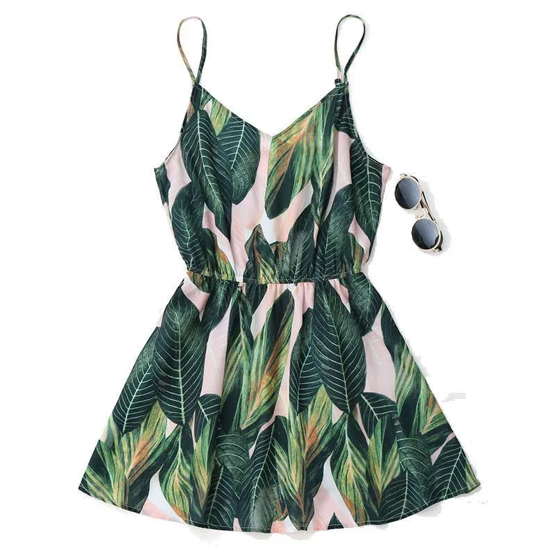 Sexy Beach Dress Women Mini Summer Dress Leaf Print Sleeveless V Neck Spaghetti Strap Elastic Waist Dress (US 4-12)