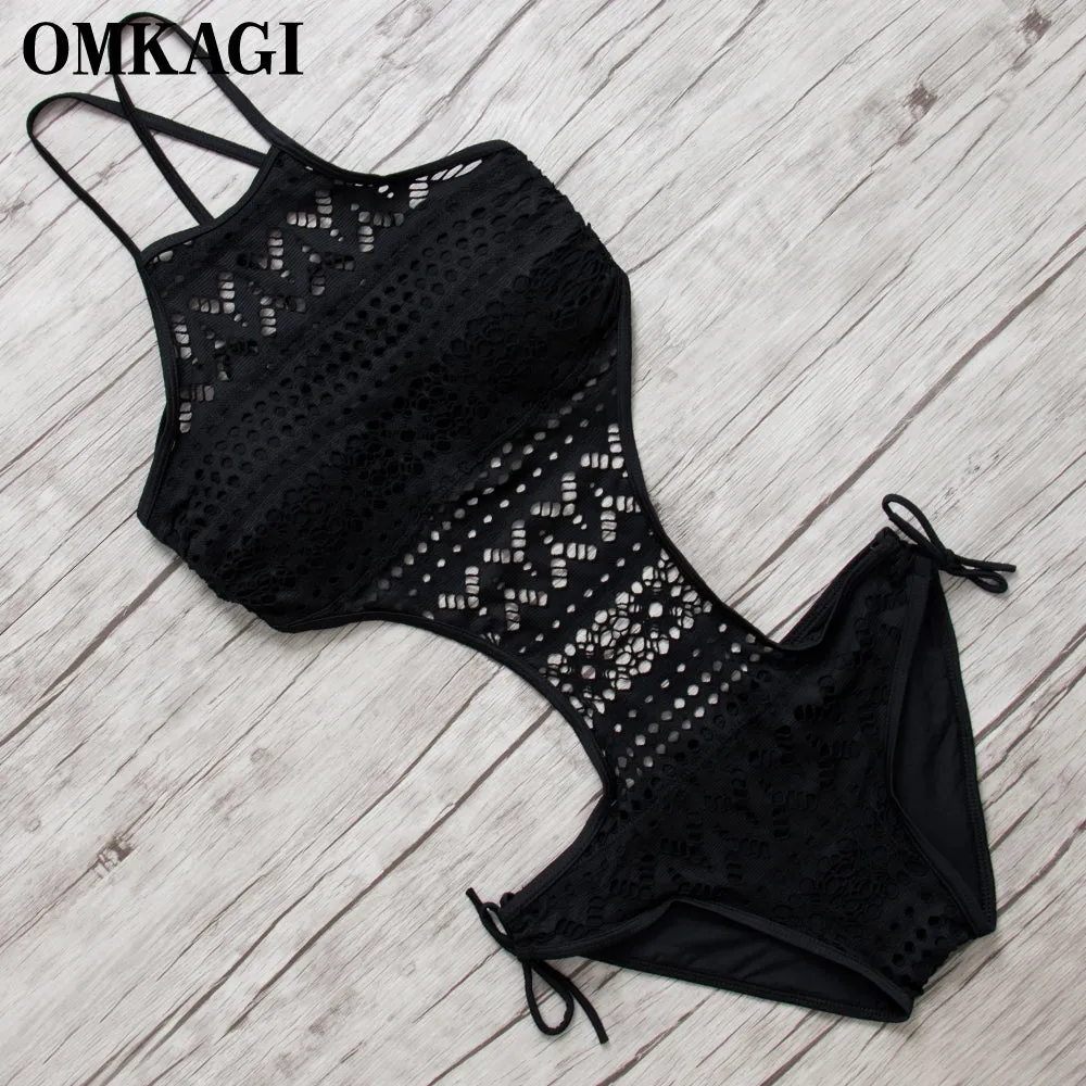 Sexy One Piece Swim Suits 2016 Swimwear Women Handmade Solid Corchet High Neck Monokini Swimsuits Push up Black Bathing Suits