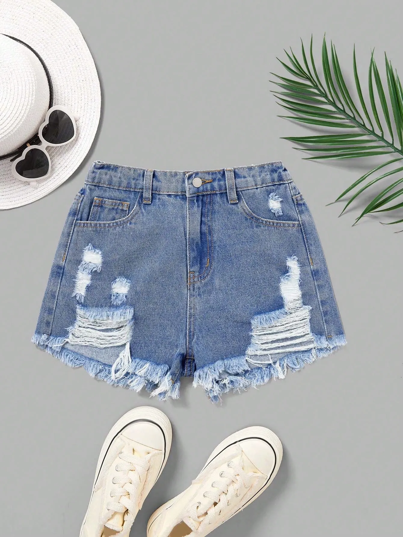 SHEIN Tween Girl Spring Summer Boho Ripped Raw Hem Denim Jeans Shorts,Girls Summer Clothes Outfits