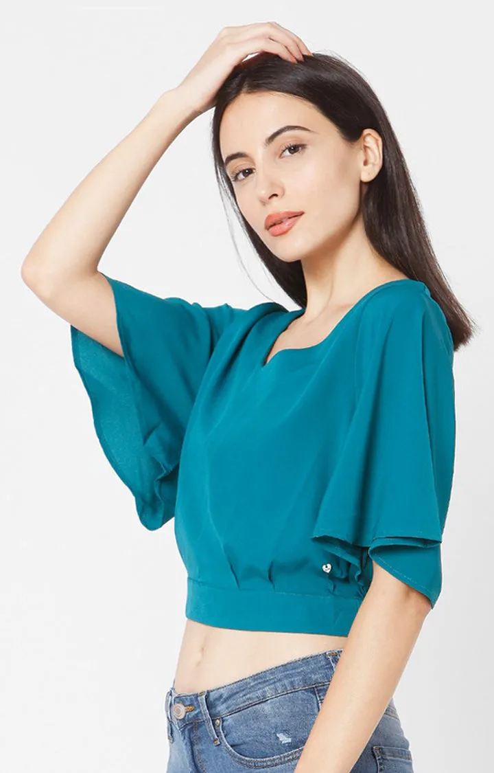 Spykar Slim Fit Teal Blue Cotton Women Top