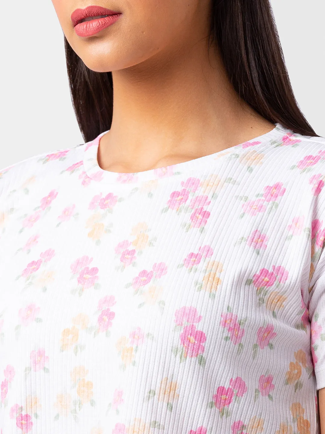 Spykar Women Off White Cotton Floral Crop Top