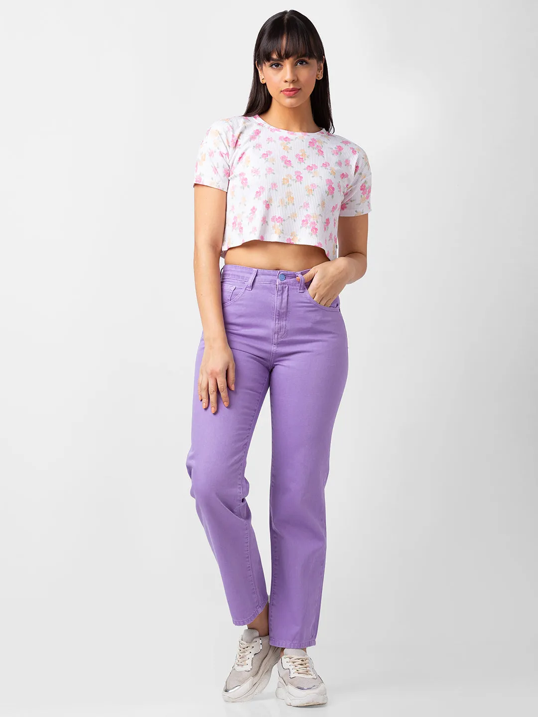 Spykar Women Off White Cotton Floral Crop Top