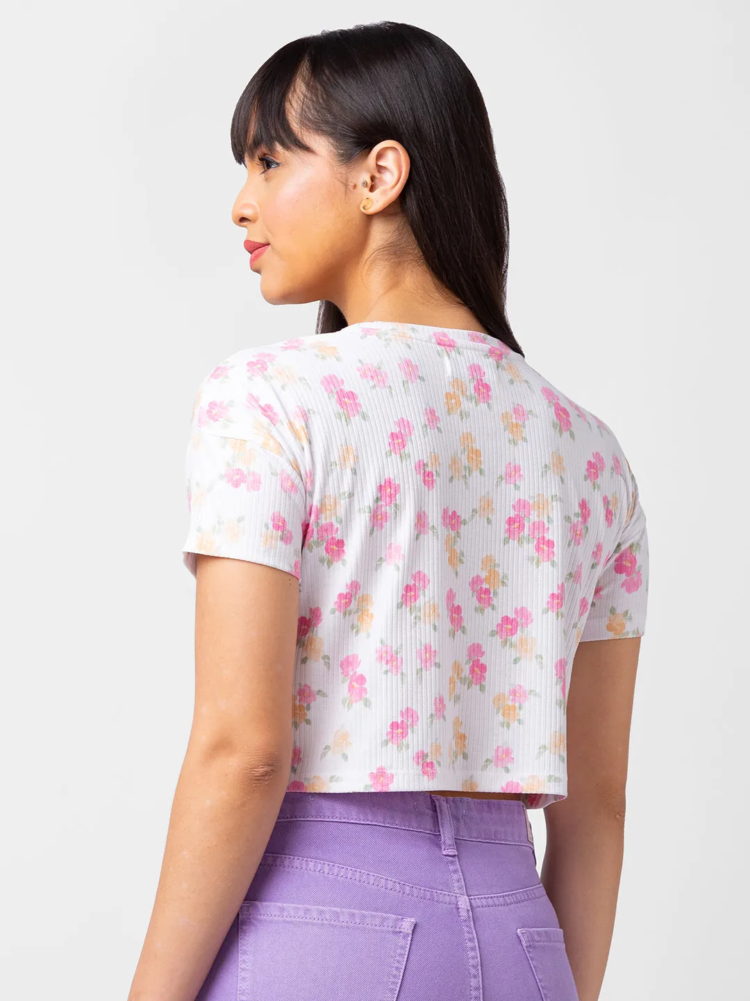 Spykar Women Off White Cotton Floral Crop Top