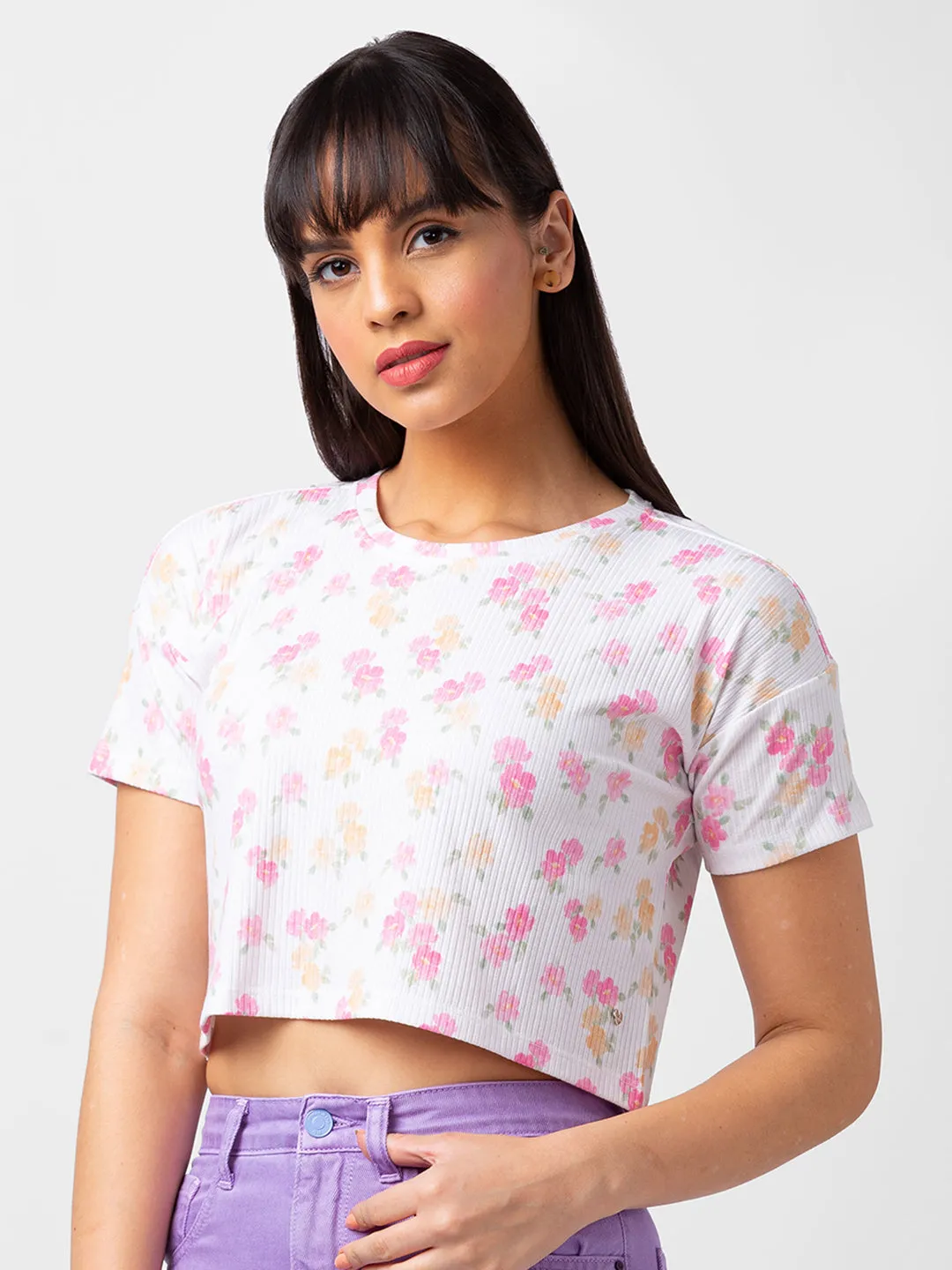 Spykar Women Off White Cotton Floral Crop Top