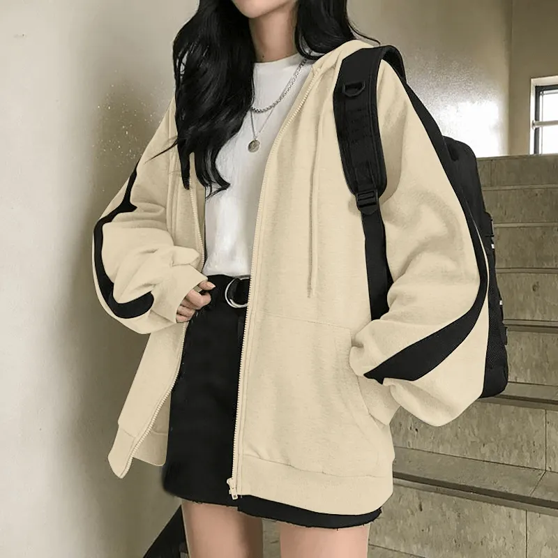 Stylish Loose Zipper Hoodie for Women / Casual Oversized Hooded Sweatshirt - SF0086