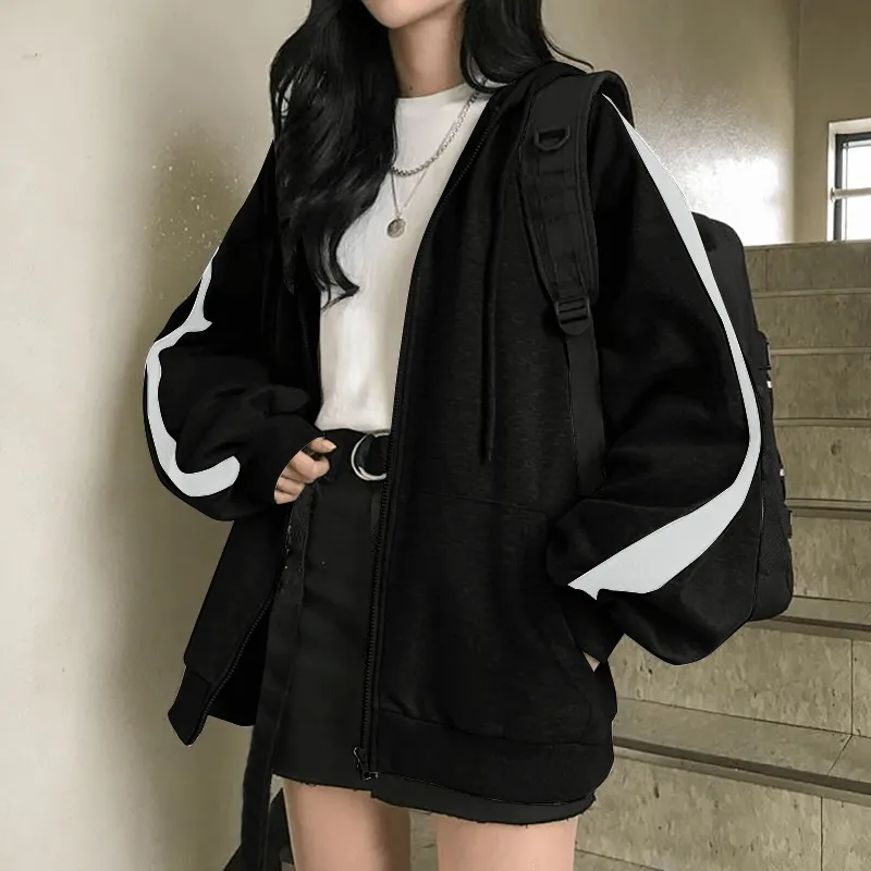 Stylish Loose Zipper Hoodie for Women / Casual Oversized Hooded Sweatshirt - SF0086