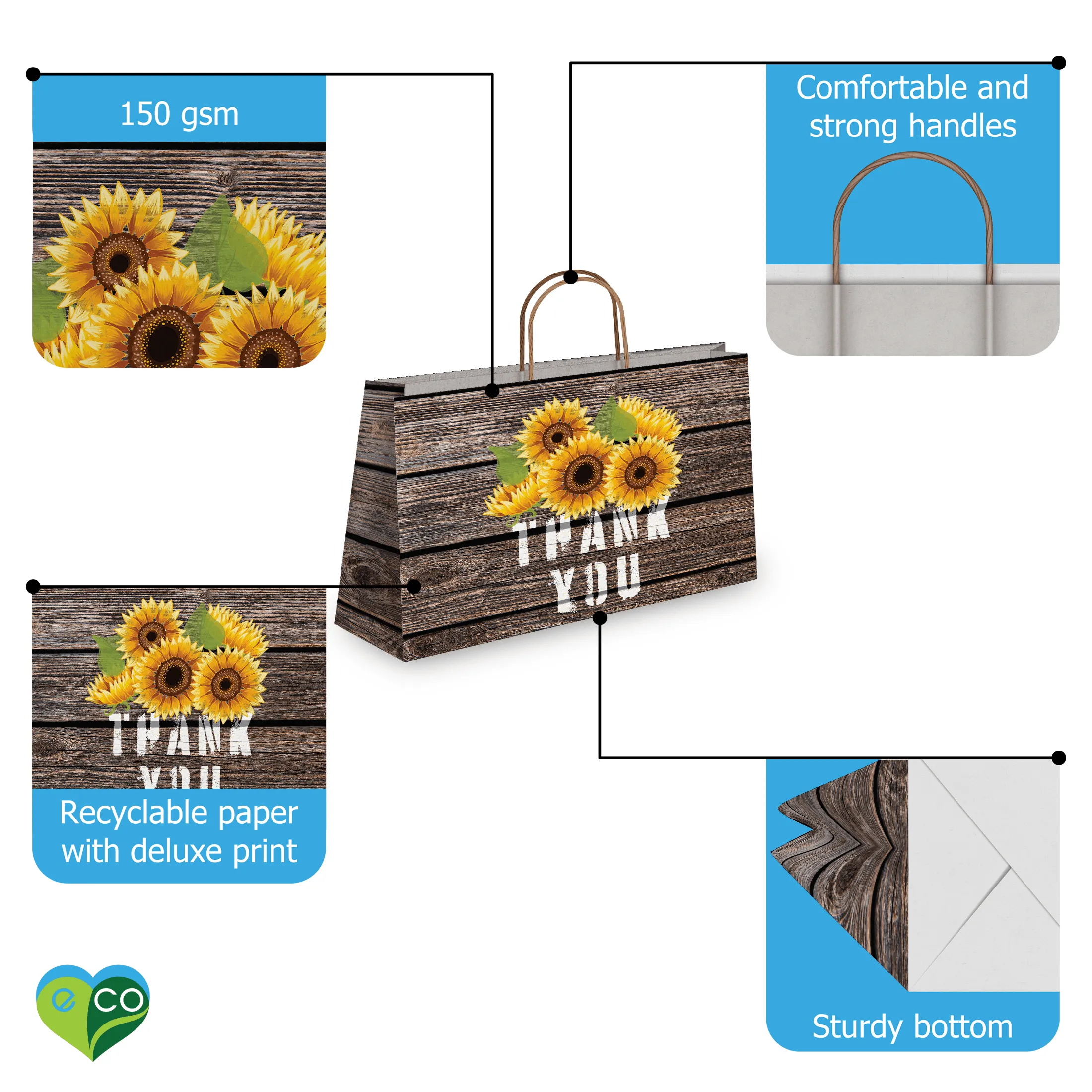 Sunflower Thank You Large Birthday Gift Bags Vogue Kraft Shopping Bags with Handles (11.5x16x6 inches)