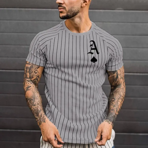 T Shirt for Men Stripped Tshirt Summer Men Clothing Streetwear Round Neck Shirt Fashion Poker Print Short Sleeve T-shirts Tops