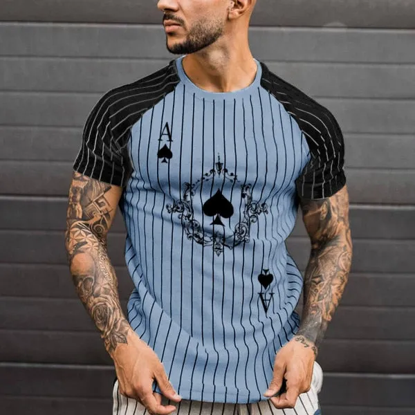 T Shirt for Men Stripped Tshirt Summer Men Clothing Streetwear Round Neck Shirt Fashion Poker Print Short Sleeve T-shirts Tops