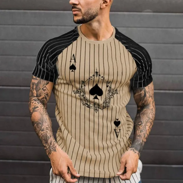 T Shirt for Men Stripped Tshirt Summer Men Clothing Streetwear Round Neck Shirt Fashion Poker Print Short Sleeve T-shirts Tops