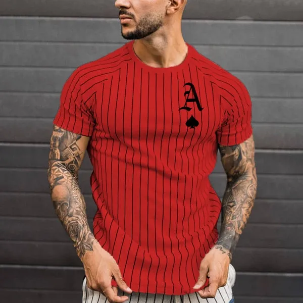 T Shirt for Men Stripped Tshirt Summer Men Clothing Streetwear Round Neck Shirt Fashion Poker Print Short Sleeve T-shirts Tops